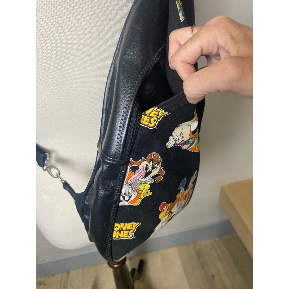 Vintage 90s Looney Tunes Leather Sling Backpack Bugs Bunny Tasmanian Devil Black